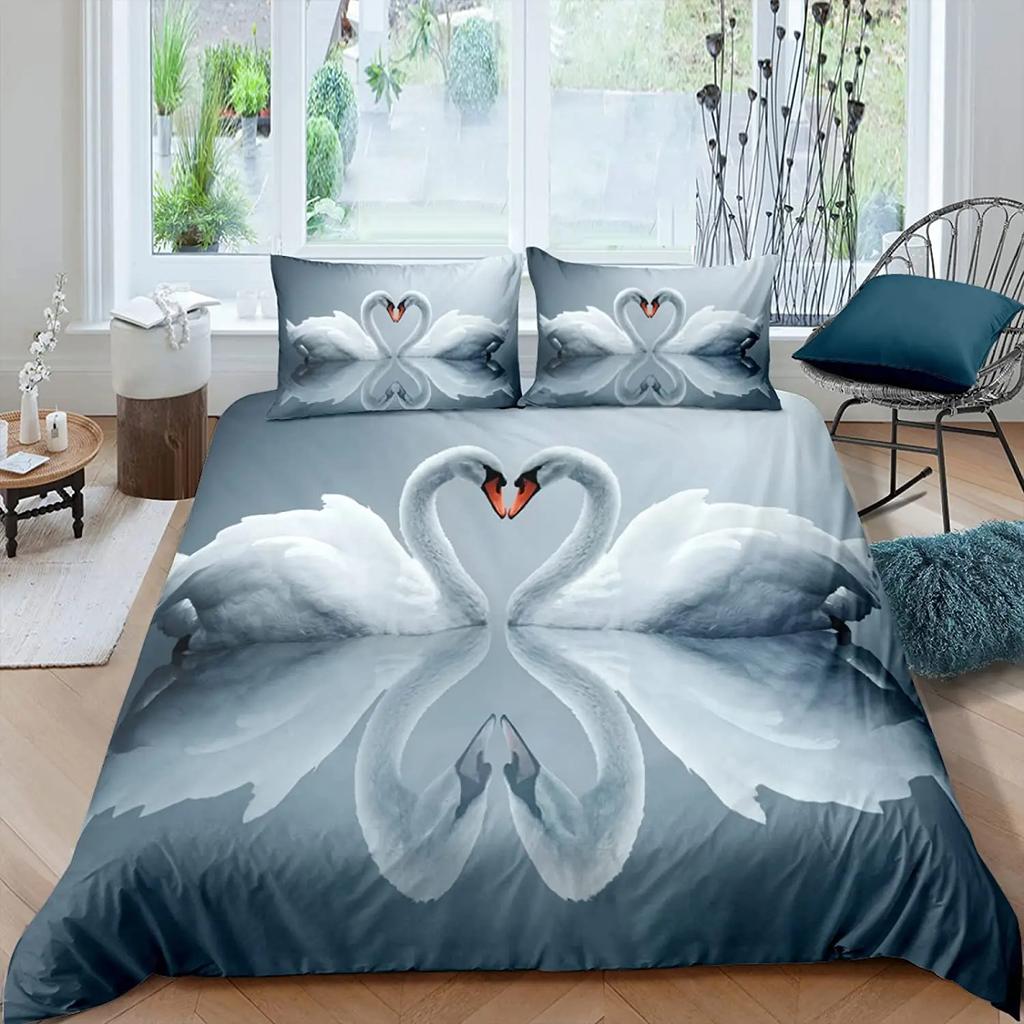 Swan Duvet Cover Black And White Swan Duvet Cover Queen Bird Comforter Cover Microfiber Romantic Flower Wild Animals Quilt Cover