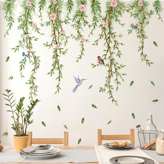 Hanging Willow Leaf Wall Decals DIY Green Vine Plants Wall Sticker Peel And Stick Birds Butterfly Wall Art Mural for TV Background Bedroom Wall Decor