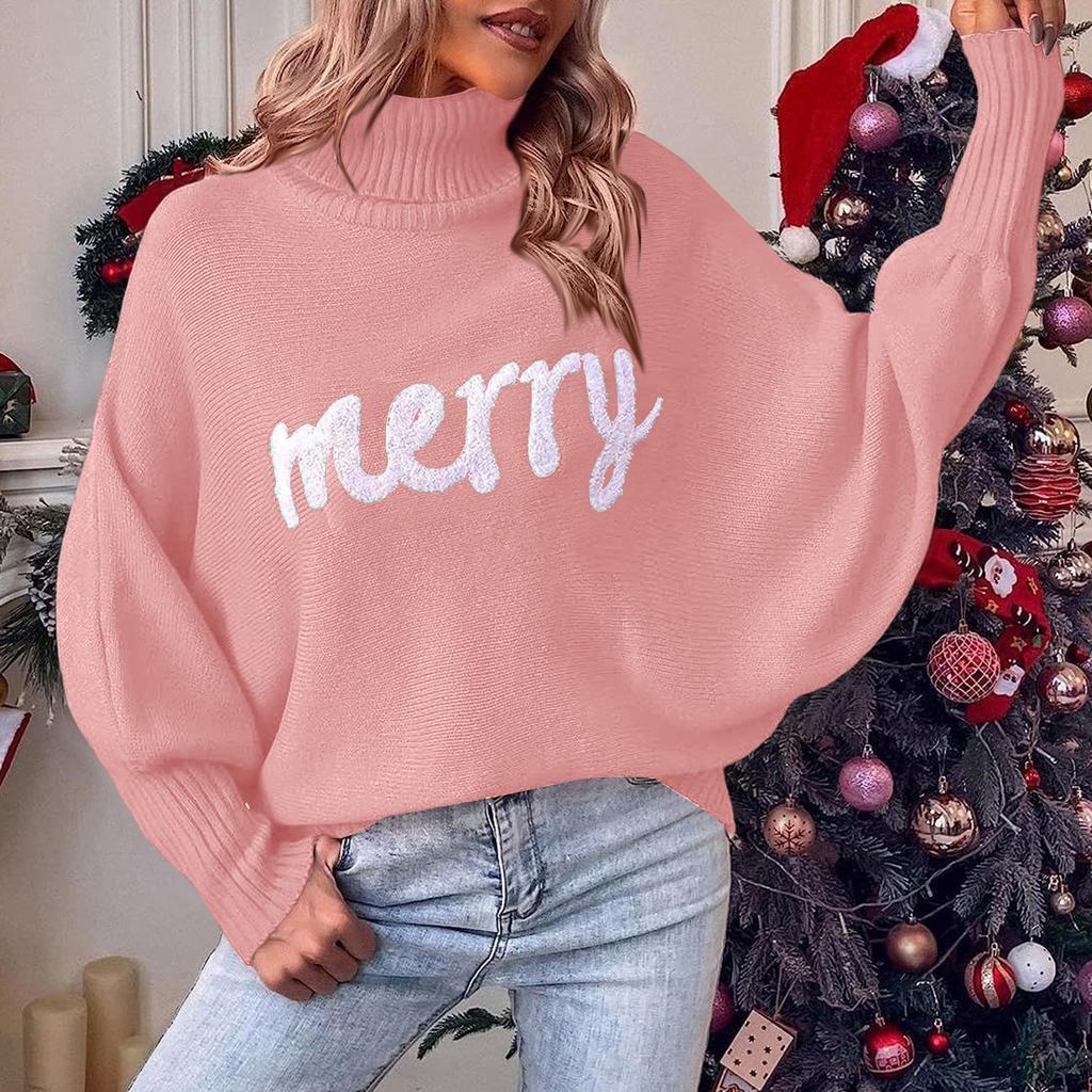 Women's Fashionable Casual Pullover Christmas Turtleneck Knit Sweater With Sleeves, Long-Sleeved Loose Sweater