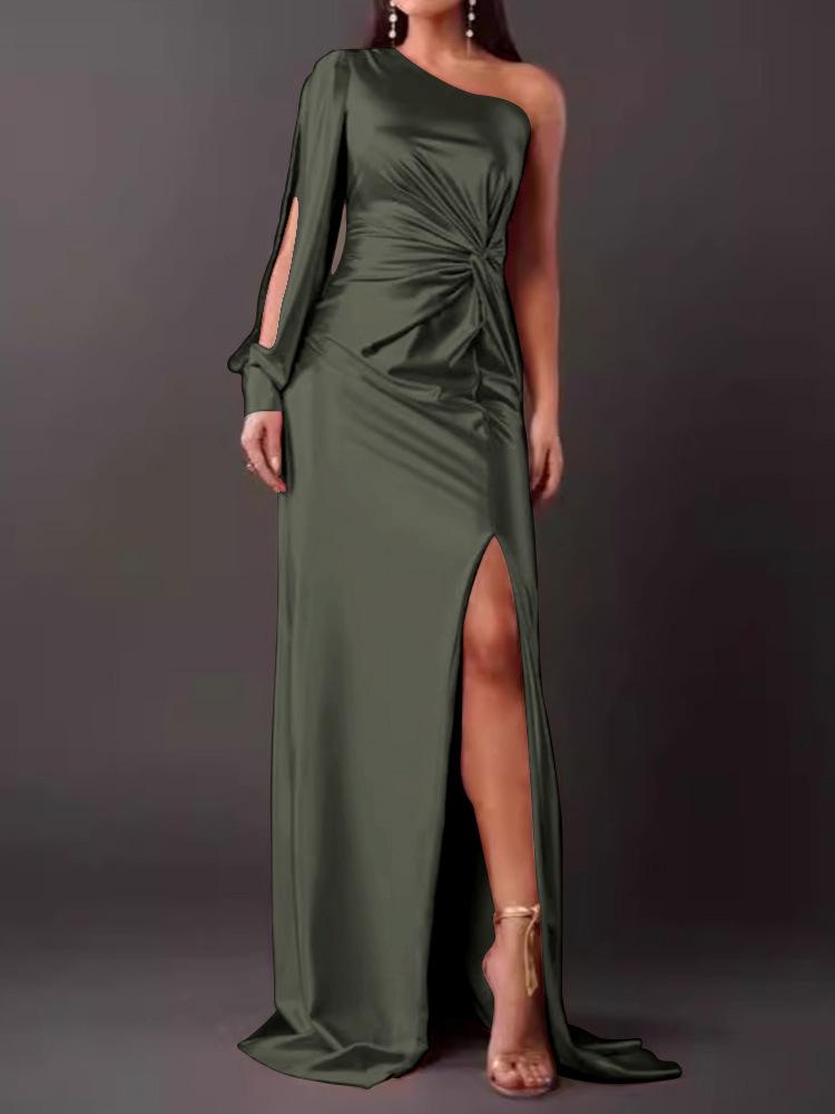 New Women's One-Shoulder Raglan Sleeve Pleated Waist Slit Sexy Long Dress
