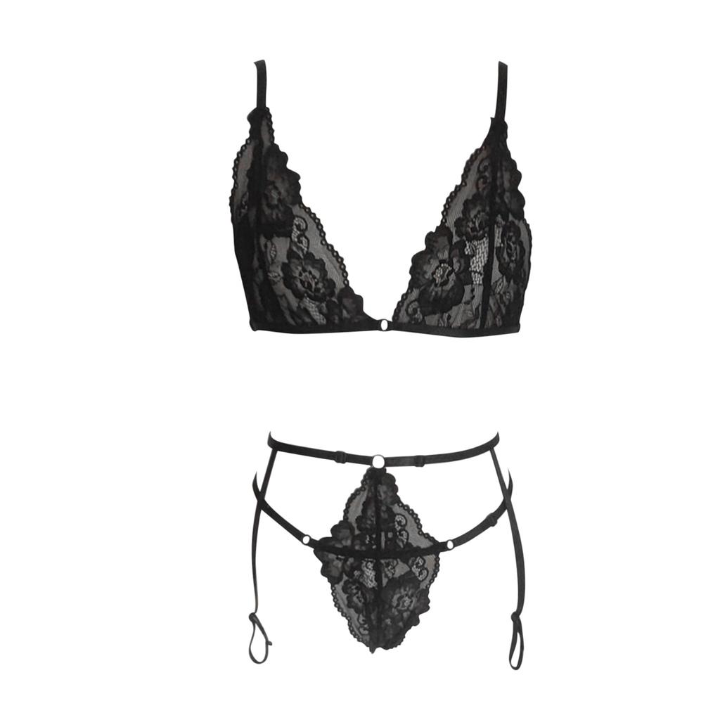 Sexy Lace Lingerie Set For Women Floral Lace Ultrathin See Through Bra Set Brassiere+Thong+Garter 3-Piece Underwear Erotic Sets