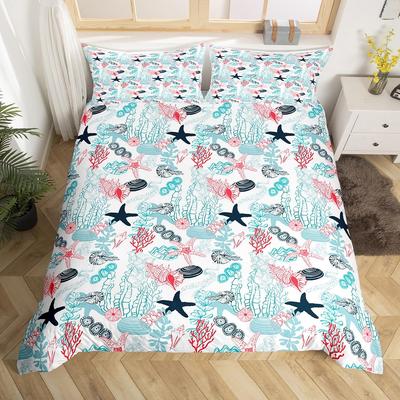 Ensemble de housse de couette Océan Côte Taille Queen 3 Pièces Coquillage Hippocampe Étoile de Mer Corail pour Enfants Filles Garçons Femme Décoration de Chambre