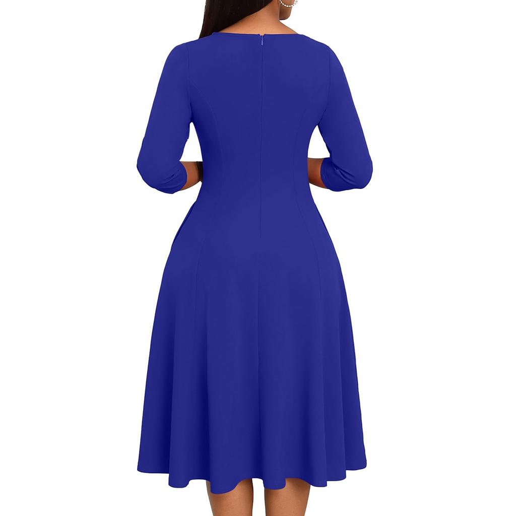 Women's A-Line Fit & Flare Skirt 3/4 Sleeves V-Neck Color Cocktail Wedding Guest Overalls With Pockets Dress