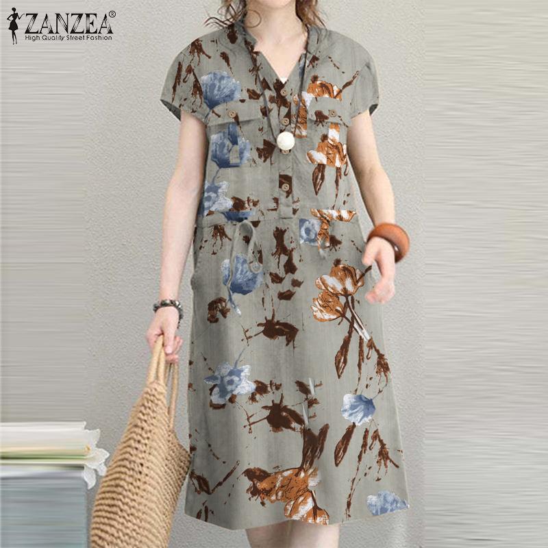 

ZANZEA Женское повседневное свободное платье с v-образным вырезом и короткими рукавами