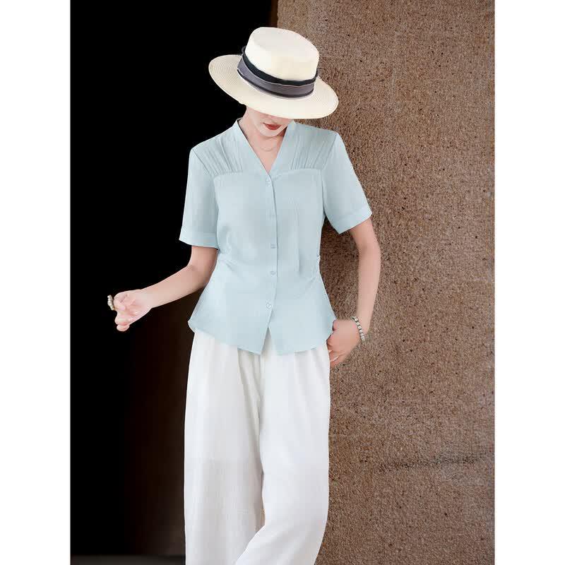 Women s Elegant V-Neck Patchwork Short Sleeve Blouse XL