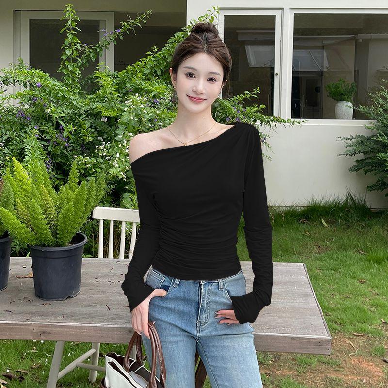 Xiaoke Wiwi Western Style Sloping Shoulder Long Sleeves Shirt Women 2025 New Design off-the-Shoulder Inner Wear Base Top Clothes