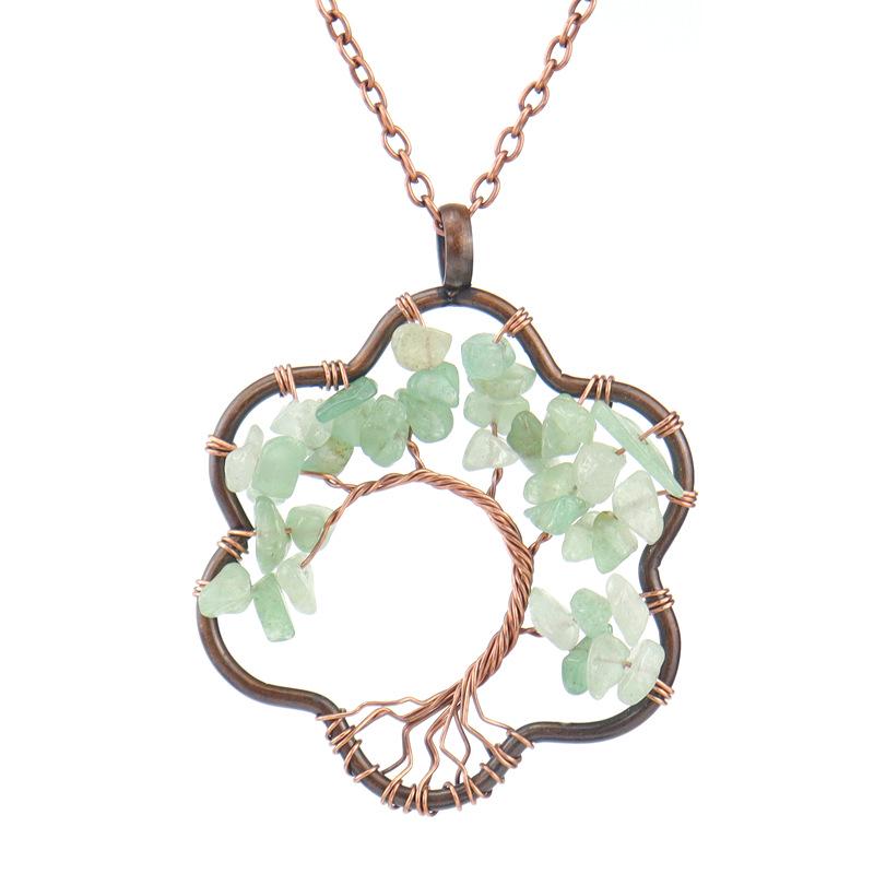 Vintage Sunflower Hand-Wound Tree of Life Necklace with Crushed Stone Crystal Pendant