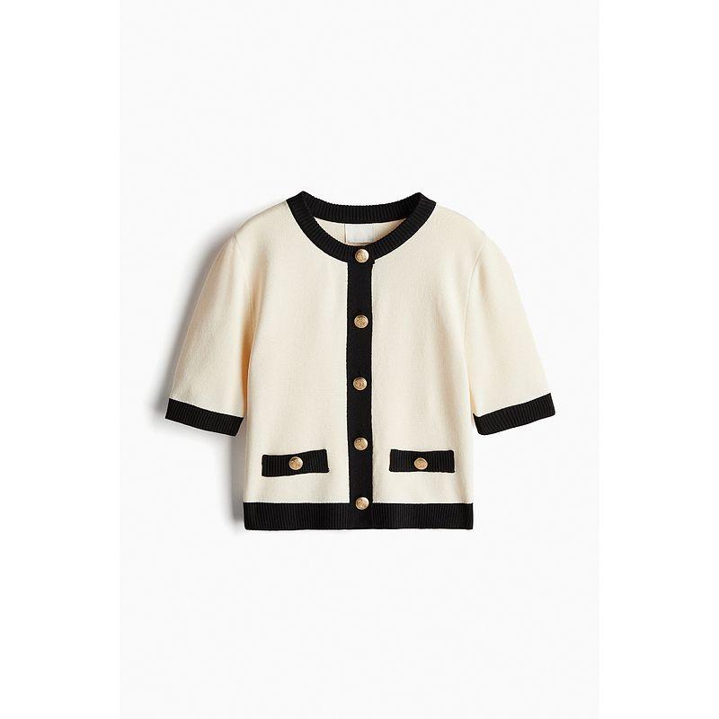 

HM Women clothes Woolen Sweater Summer Slim fit Short sleeve Cardigan round Neck Soft Knitted 1263616 Cream/Black 155/76
