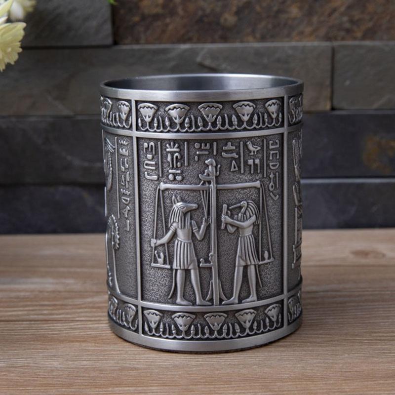 Retro Egyptian Embossed Pen Stand Cylinder Shape Alloy Pen Cup Desktop Organiser Storage Box for Office Desk Decoration