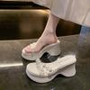 Summer new one-word strap transparent sexy high-heeled slippers women's waterproof table pearl slope heel cool slippers fashion