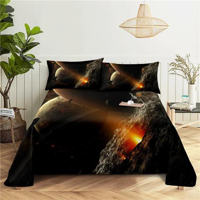 Galaxy Cosmic Planets Bed Sheet Set Soft Polyester Bed Flat Sheet With Pillowcase Romantic Universe Print Bed Sheet Home Textile