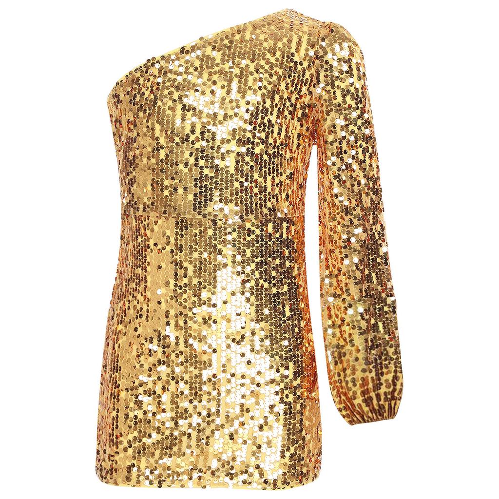 Vestido de Lentejuelas Brillantes para Niñas de un Hombro Manga Larga Largo por Encima de la Rodilla Vestido de Fiesta de Cumpleaños Concurso Boda