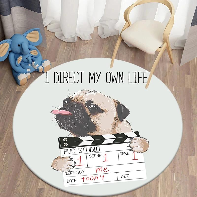 Cute Pug Dog Round Carpet Kawaii Pet Area Rug for Living Room Bedroom Decor Anti-Slip Floor Mat Circle Kitchen Entrance Doormat