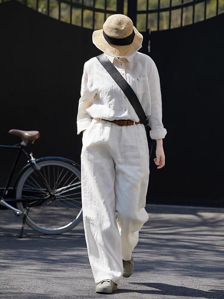 Women s Autumn Style Elastic Waist White Linen Wide-Leg Trousers L белый