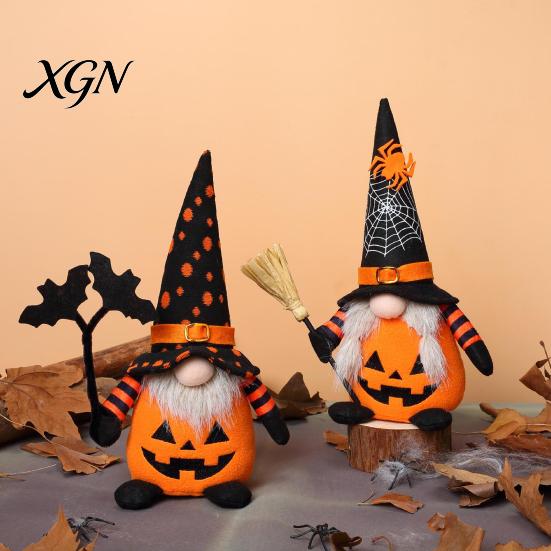 Creepy Gothic Style Ornaments Halloween Plush Gnome Decoration, Spooky Orange Black Spider Web Bat Swedish Faceless Dolls Tomte Elf Figurine,
