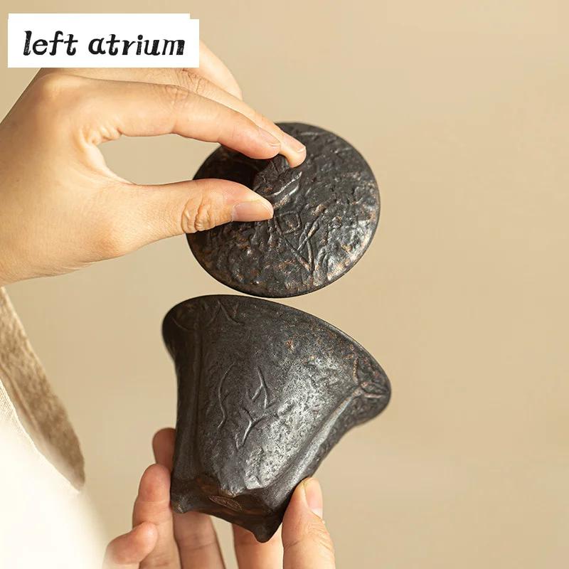 80ml Handmade Coarse Pottery Gaiwan Ancient Bronze Glaze Three Leg Tea Tureen Household Tea Making Cover Bowl Drinkware Craft