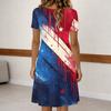 Womens Casual Button Front Dress Short Sleeve Round Neck Loose Fit Knee Length Dress with Star Print and Striped Pattern for Everyday Wear