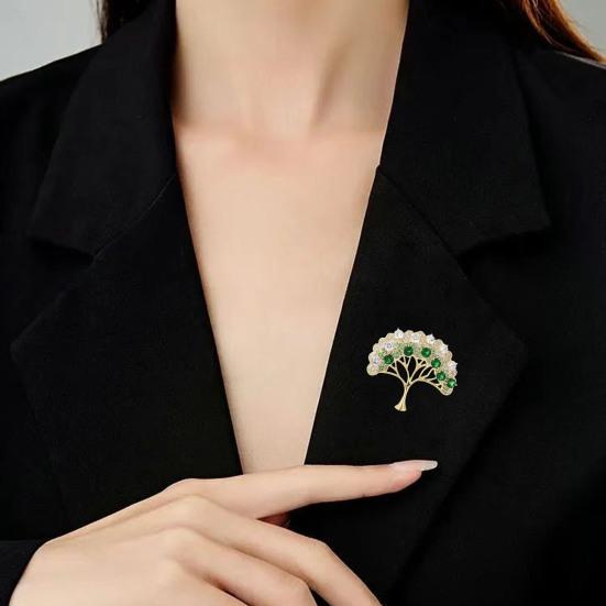 Women Brooch Sparkling Rhinestone Inlaid Money Tree Shape Anti-Exposure Buckle Suits Shirts Sweaters Bags Badge Outfit Accessory