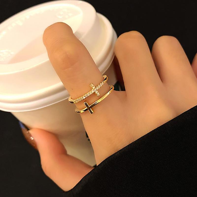 

Gold Color Double Cross Flashing Zircon Open Rings for Women Student Korean Index Finger Ring 2022 Fashion Jewelry