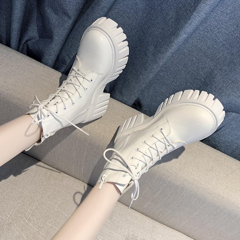 Nuovi Stivaletti Bianchi da Donna in Pelle PU con Suola Spessa e Lacci Stivaletti da Combattimento Femminili Autunno Inverno Scarpe con Plateau da Donna