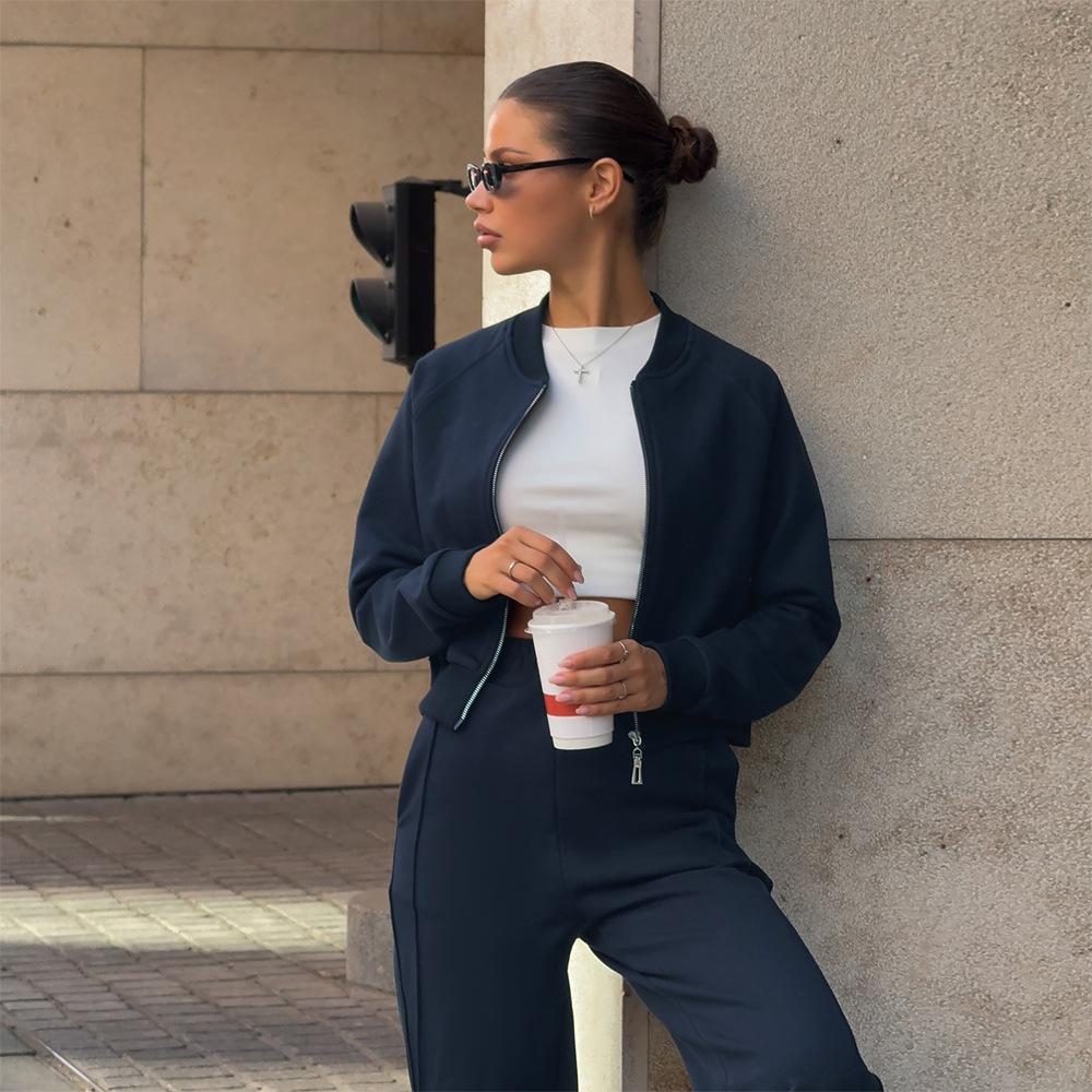 Europe, America, autumn and winter new fashion casual short waist zipper jacket straight pants sweater set