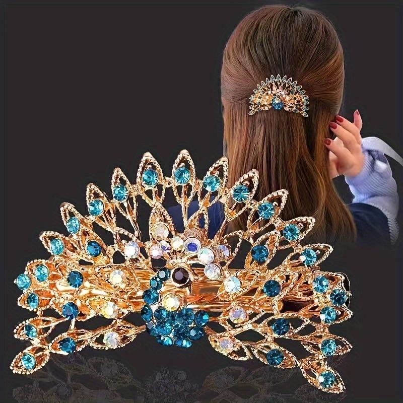 Bunter Eleganter Pfau Haarspange Groß Koreanischer Stil Legierung mit Edelsteinen, Federbelastetes Pferdeschwanz-Accessoire, Schickes & Einfaches Kreisförmiges Design für Stylisten