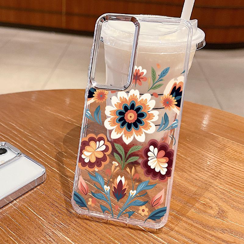 Cartoon Flowers Pattern Case For Samsung S26 S25 Ultra S24 FE S23 Plus S22 S21 A15 A16 A17 A35 A36 A37 A54 A55 A56 A57 5G Plating Lens Soft Cover