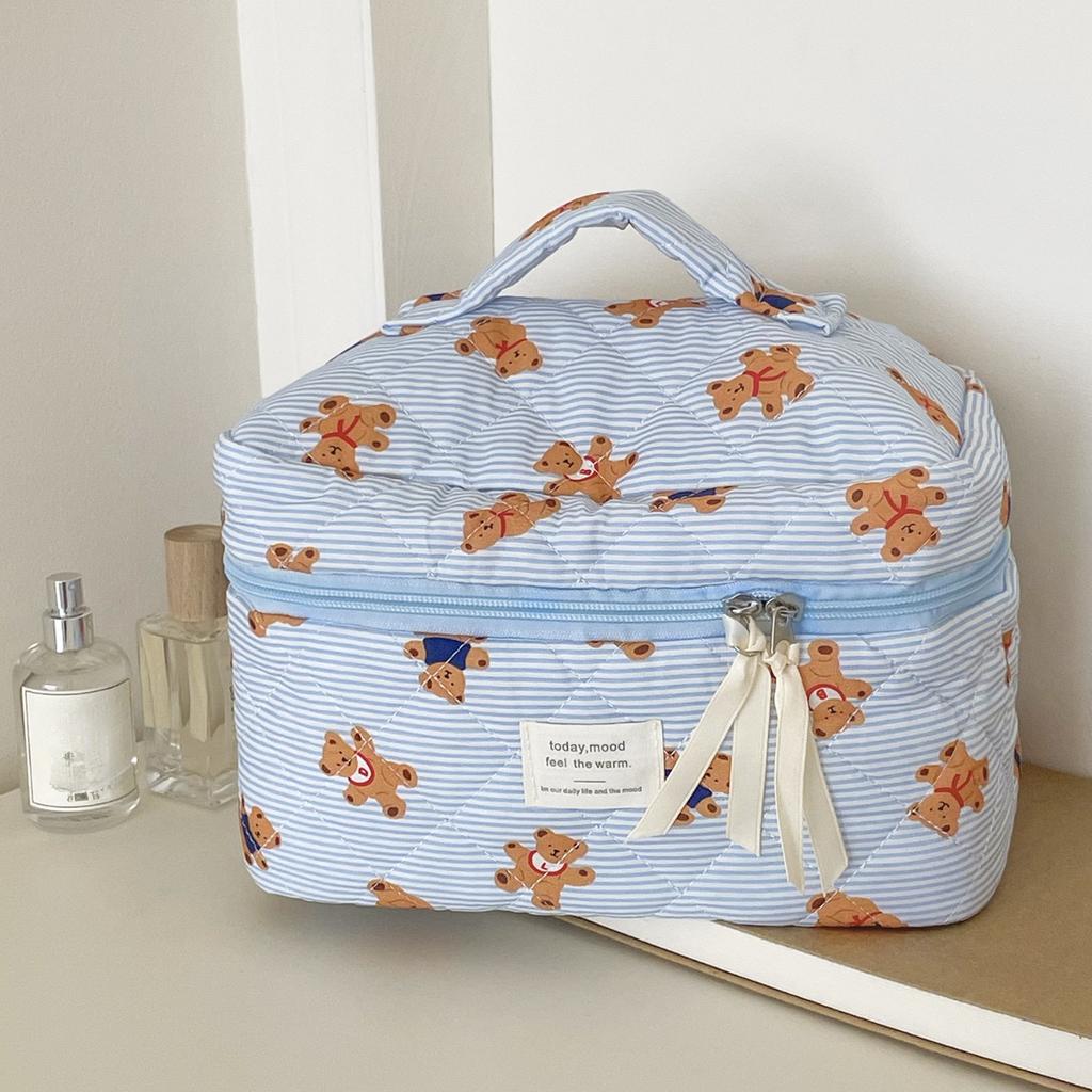 Blue Striped Teddy Bear Makeup Bag Cartoon Girl Heart Portable Large Capacity Quilted Toiletry Storage Bag for Going Out