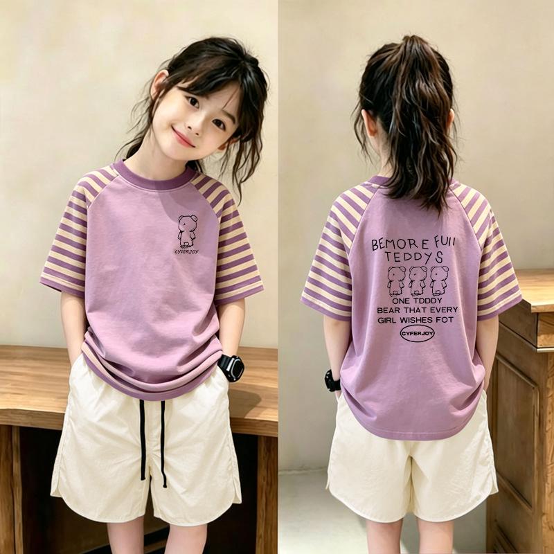 Girls' Striped Cotton T-Shirt & Shorts Set for Ages 6-12 – Summer Loose-Fit Two-Piece Outfit