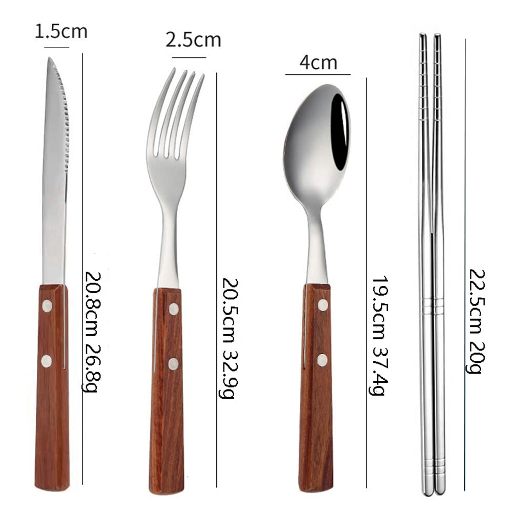 KXLCGYK Cutlery Stainless Wooden Hollow Storage Solo Lunch Student Tableware Set, Camping, Outdoor, 18-8 Steel, Handle, Spoon, Chopsticks, Fork,