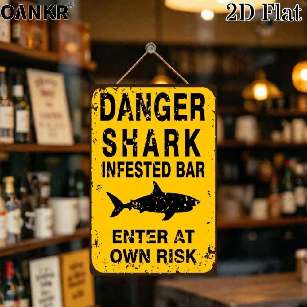 Vintage Shark Warning Metal Tin Sign, Retro Enter At Own Risk Plaque, Farmhouse Bar Wall Decor