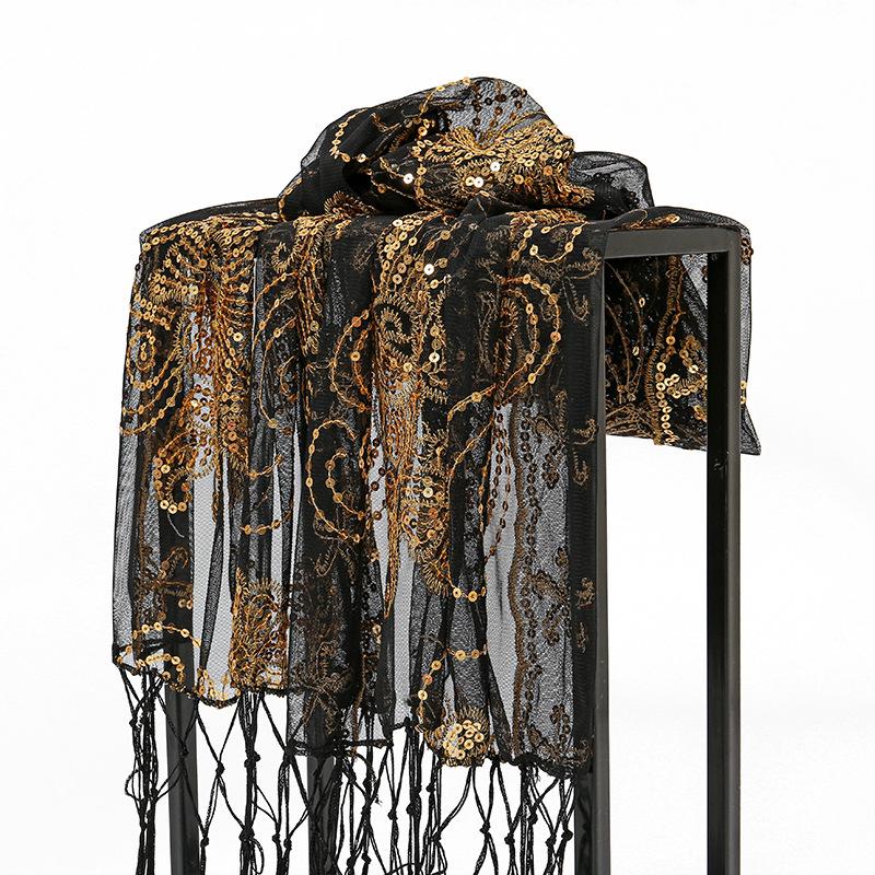 New Sequined Peacock Tassel Embroidered Long Scarf for Women  Fashionable and Versatile National Style Shawl Thin Silk Scarf
