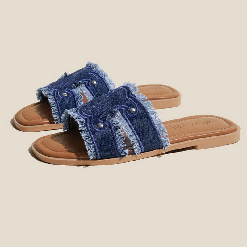 Women Denim Fringe Slide Sandals Outdoor Vacation Comfy Casual Slippers Flat-sole Half Slippers Lightweight French Style Sandals