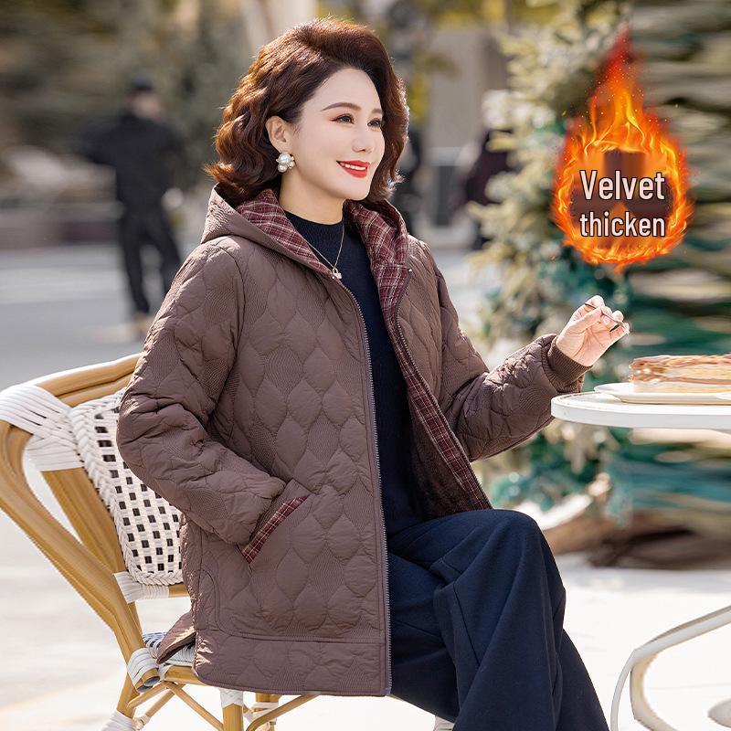 

Mom s Stylish Plus Velvet Hooded Cotton Jacket - 2025 Winter Fashion for Middle-Aged and Elderly Women XXL кавовий