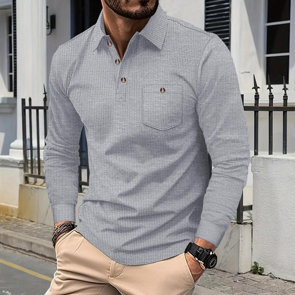 Autumn Solid Color Waffle Knit Lapel Pocket Button Long Sleeve Polo Shirt