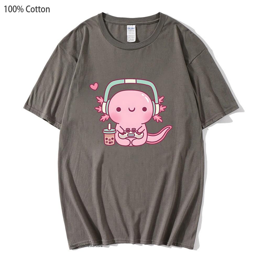 T-shirt mignon Axolotl jouant aux jeux vidéo Dessin animé Gamer Imprimé drôle T-shirt Vêtements pour femmes Vêtements pour hommes Y2k T-shirt en coton