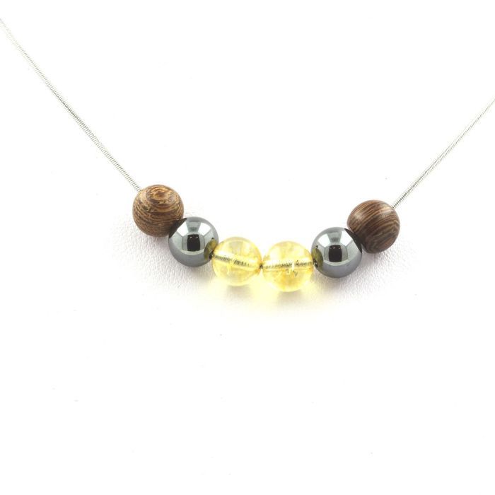 Pierres et Minéraux. Collier Perles Citrine + Hématite + bois 8 mm Chaine en acier inoxydable.