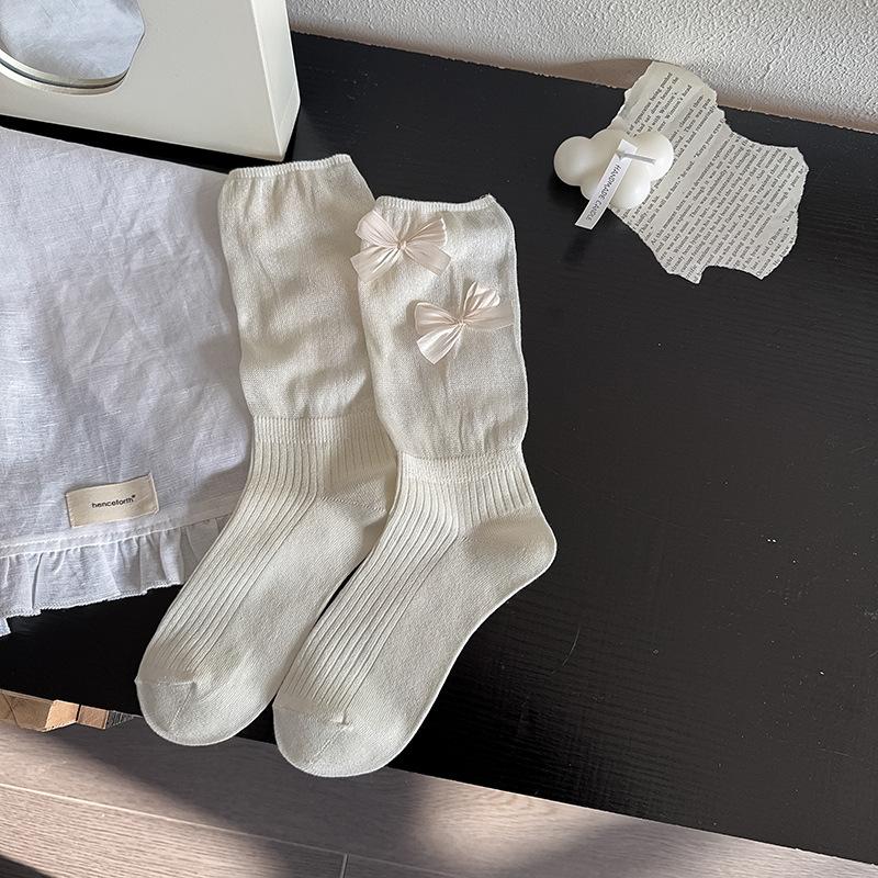 

Женские весенне-летние тонкие дышащие носки-гольфы средней длины с бантом 1 pair бежевый