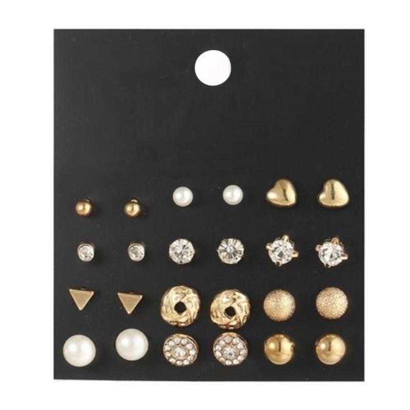 12 Pcs/Set Crystal Alloy Round Ball Gold Color Stud Earrings Vintage Silver Color Simulated Pearl Earring Set for Women