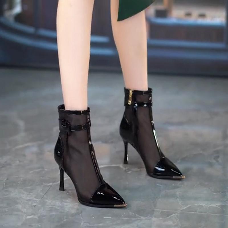 Pointed Net Boots Women's New Spring and Summer 2025 Belt Buckle Breathable Mesh Short Boots Temperament Fine Heel Non-slip High Heels