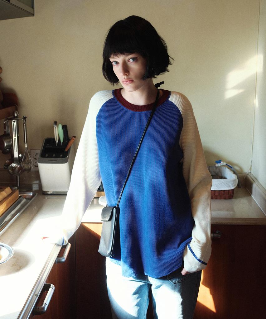 Siyajyu Sikn2176 Waffle Raglan Color Block Knit_Mix Blue