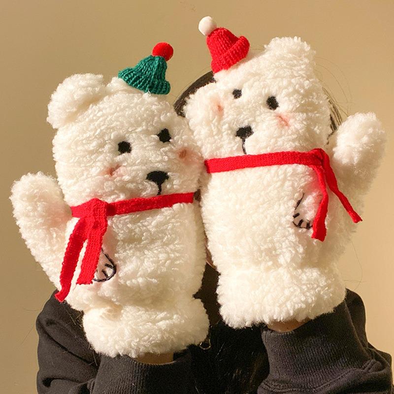 Cute Christmas Hat, Bear Plush Mittens, Women's Autumn and Winter Thickened and Velvet To Keep Warm, Cycling Tide