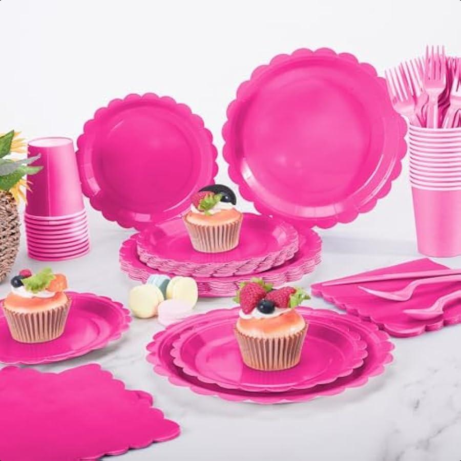 

176 Штук Горячо-Розовые Бумажные Тарелки и Салфетки Розовые Праздничные Принадлежности Включают Фигурные Тарелки Салфетки Стакан Скатерть Ложка Вилка Нож United States