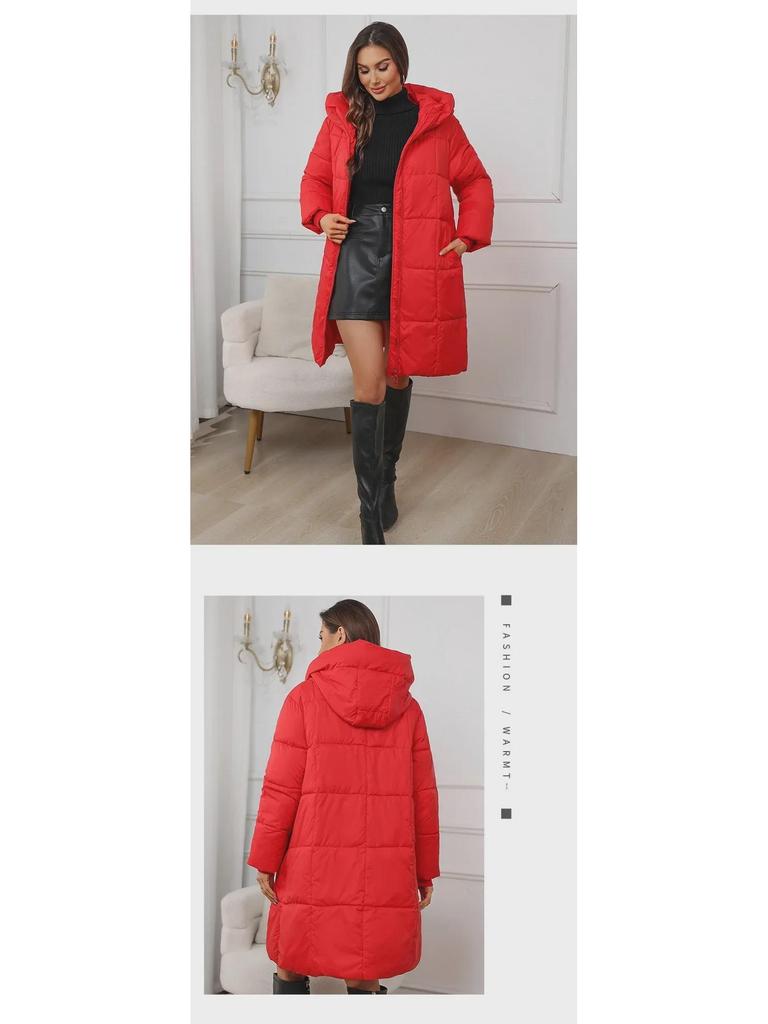 Damska Zimowa Długa Kurtka Bawełniana Puchowa Slim-Fit, Pogrubiona i Długości do Kolan.