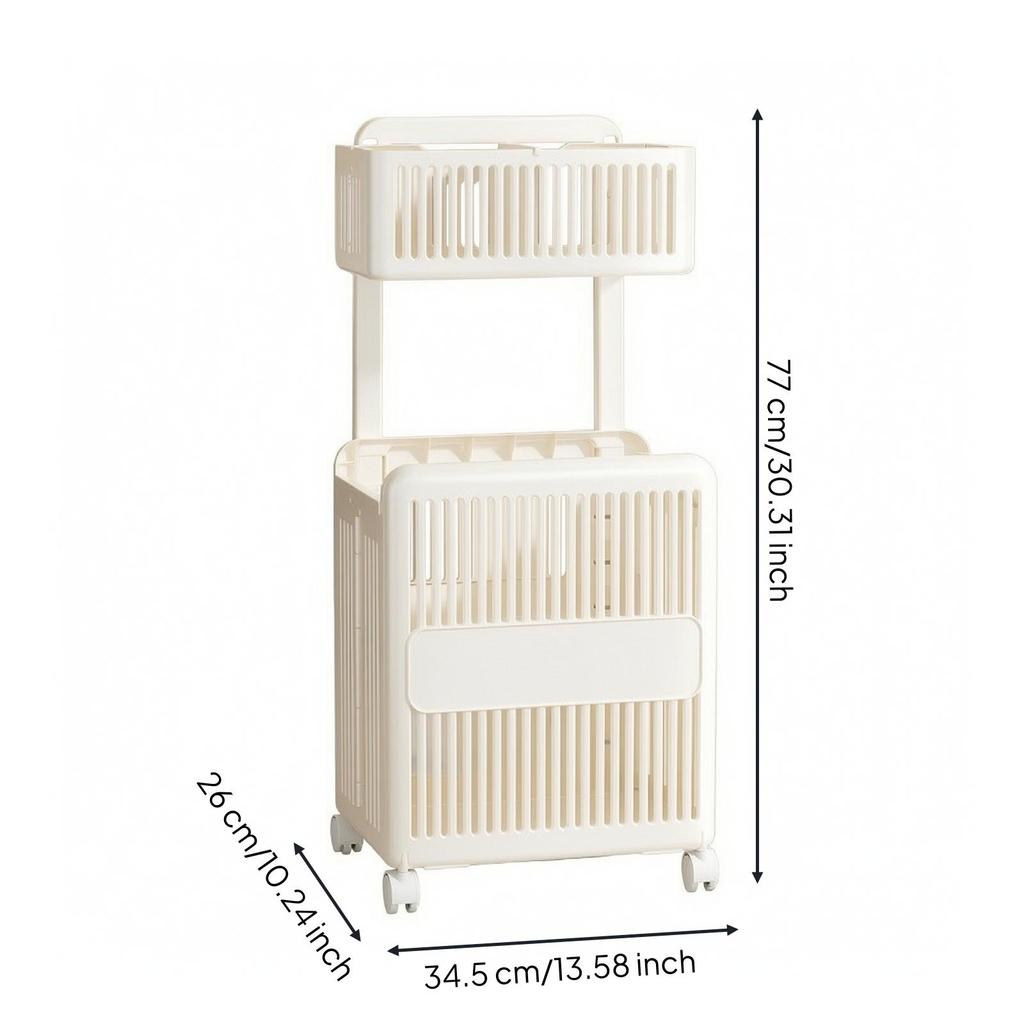 Slatted Laundry Storage Basket with Divider Standing Folding Two-Tier