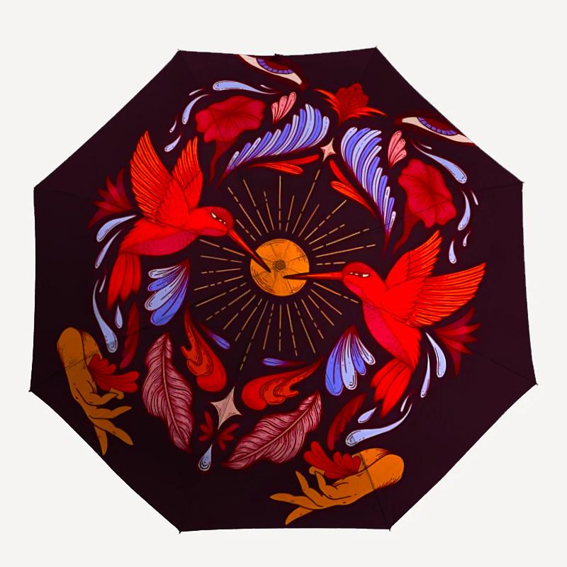 1pc Hummingbird Floral Automatic Open/close Folding Compact Umbrella, 8-Rib Sturdy Canopy, Lightweight Portable, Everyday Use, Gift, Outdoor Umbrella,