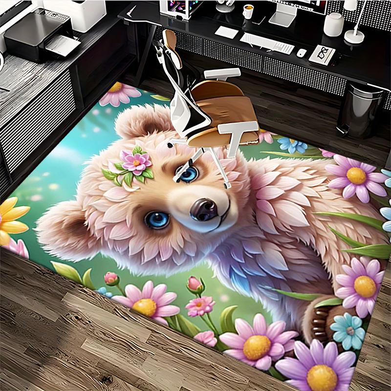 1pc Anime Cartoon Design Office Chair Mat - Flower Bear Floral Pattern Anti-Slip Carpet for Home Decor, Suitable for All Seasons.H053