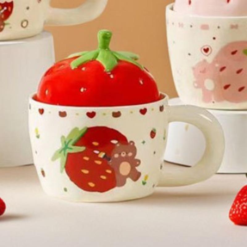 

Strawberry Bear Ceramic Cup with Lid for Girls Gifts for Home Use Water Cup Mug High Looking Couple Milk Breakfast Cup 301-400ml