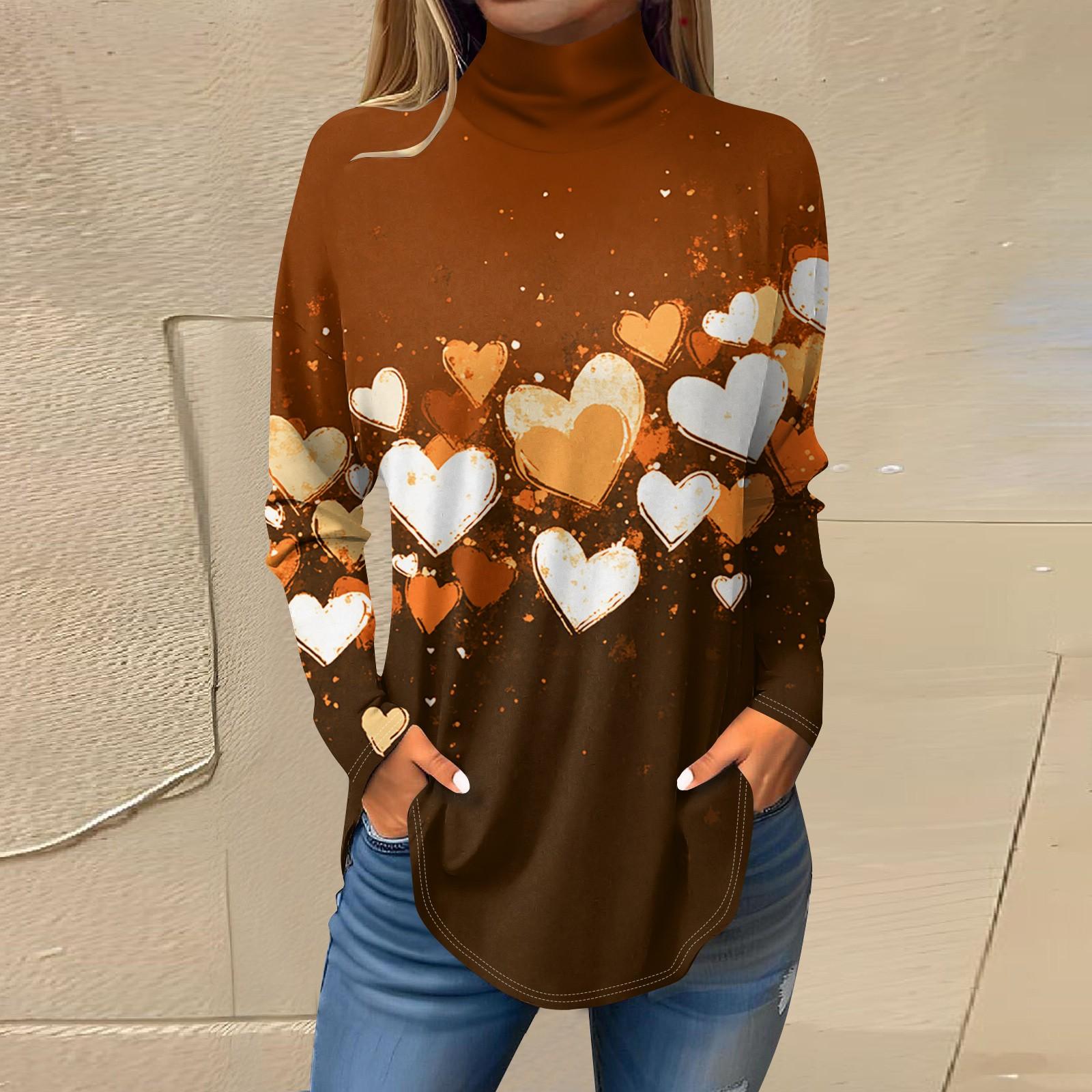 

Футболки для женщин, осенние повседневные рубашки с длинным рукавом, толстовка с принтом, топ с высоким воротом, пуловер XXL оранжевый