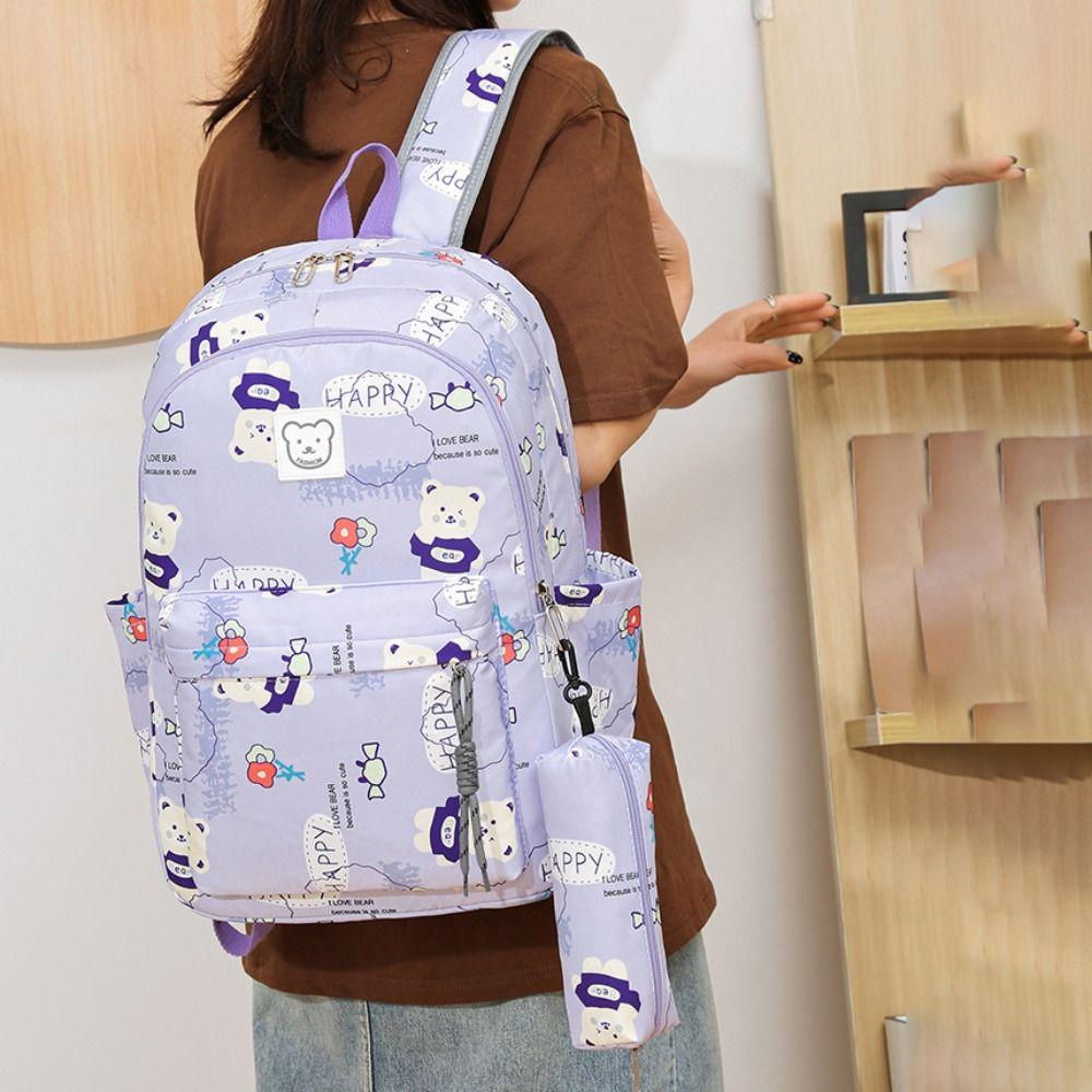 

Solid Color Korean Style School Bag Bear Printing Pattern Casual Knapsack Children розовый